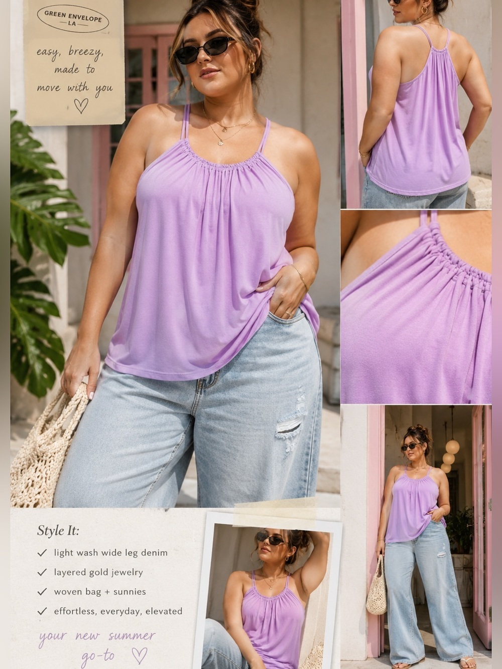 NWT Green Envelope Los Angeles Lavender Purple Spaghetti Strap Gathered Tank L